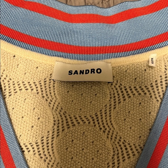 Sandro Cream V-Neck Sweater with Blue and Red Trim - Picture 2 of 3